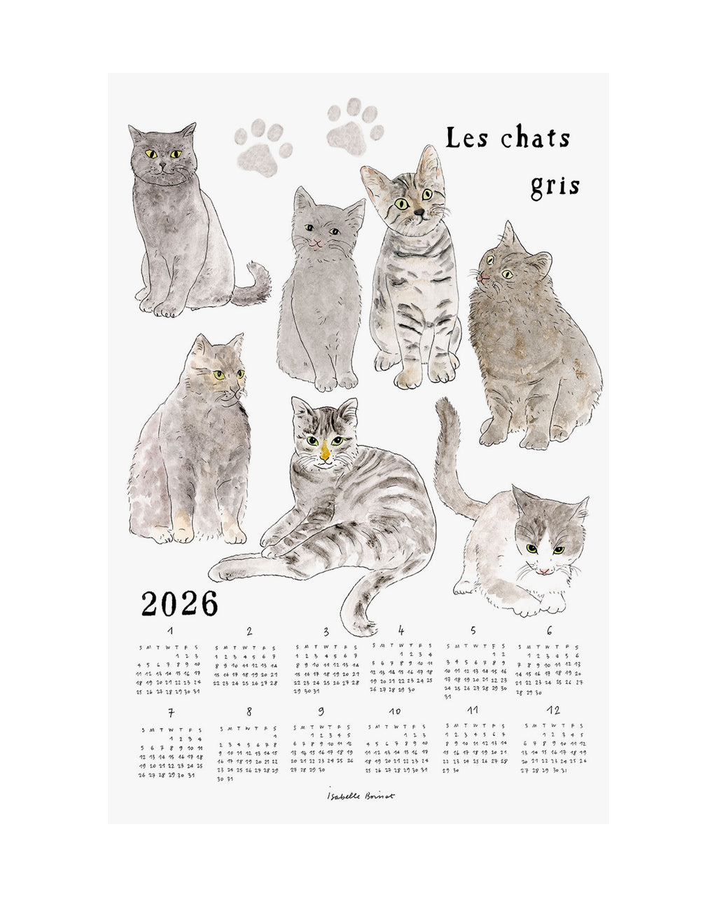 2026 Linen Tea Towel Calendar: Grey Cats