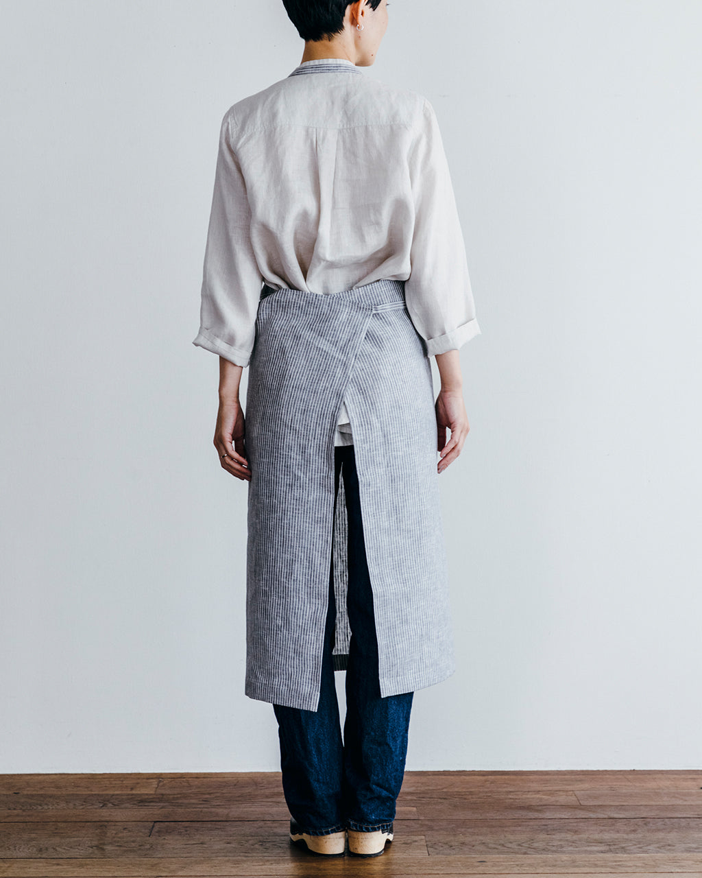 Linen Full Apron: Grey White Stripe