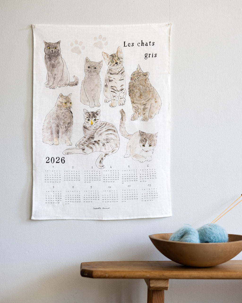 2026 Linen Tea Towel Calendar: Grey Cats