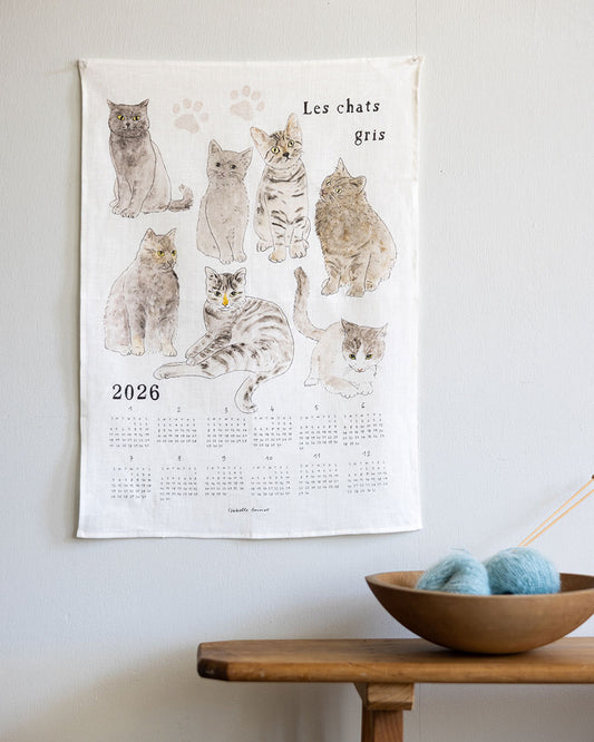 2026 Linen Tea Towel Calendar: Grey Cats