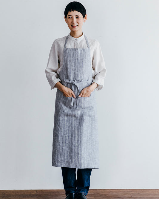 Linen Full Apron: Grey White Stripe