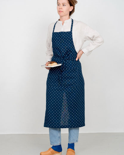 Linen Full Apron: Navy Dot