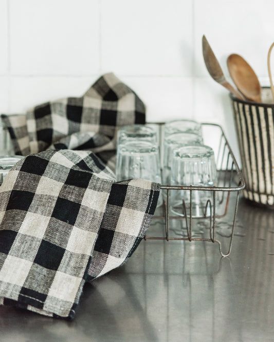 Thick Linen Tea Towel: Black Natural Check