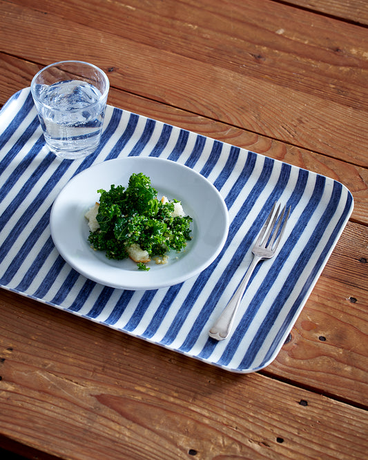 Linen Coated Tray (L): White Blue Stripe